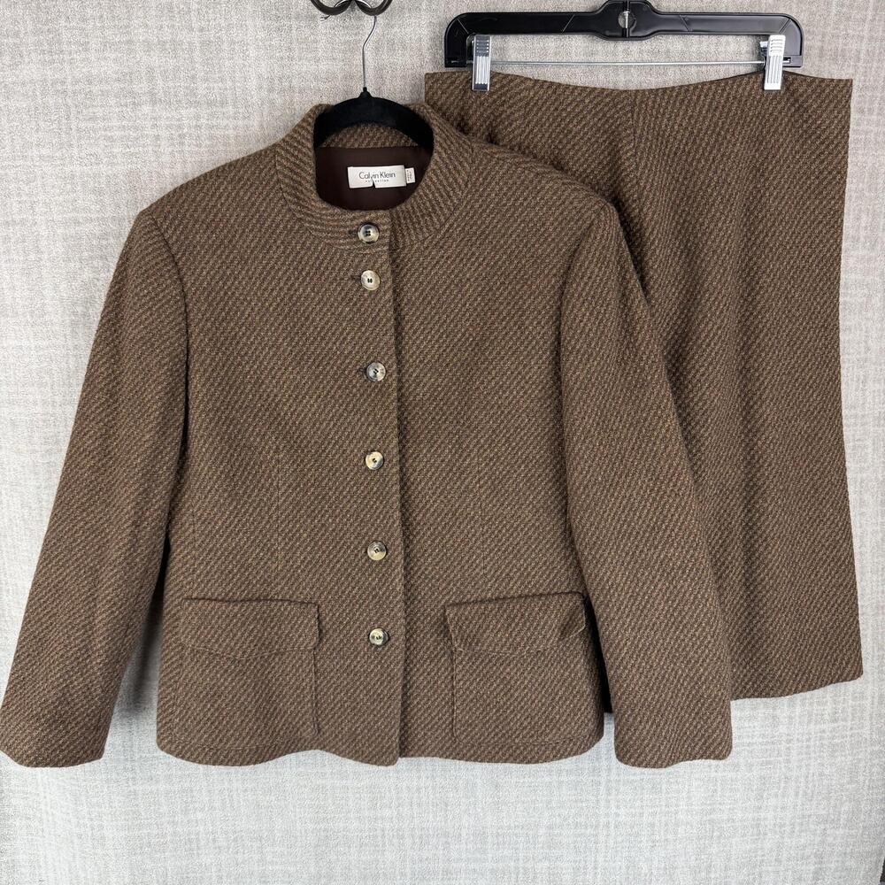 Calvin Klein Collection Skirt Suit Womens 12 Brown Tweed 2 Piece Lined Tailored